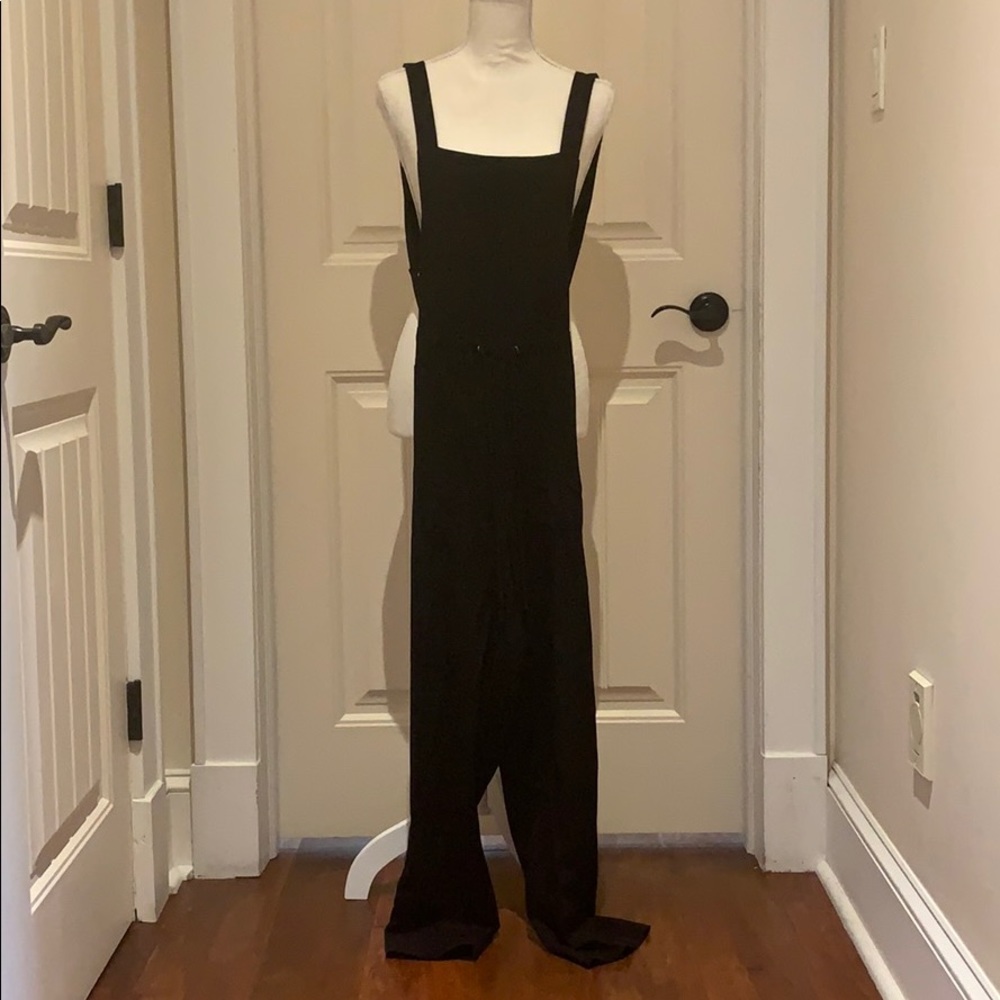 Drawstring black jumpsuit overalls with pockets